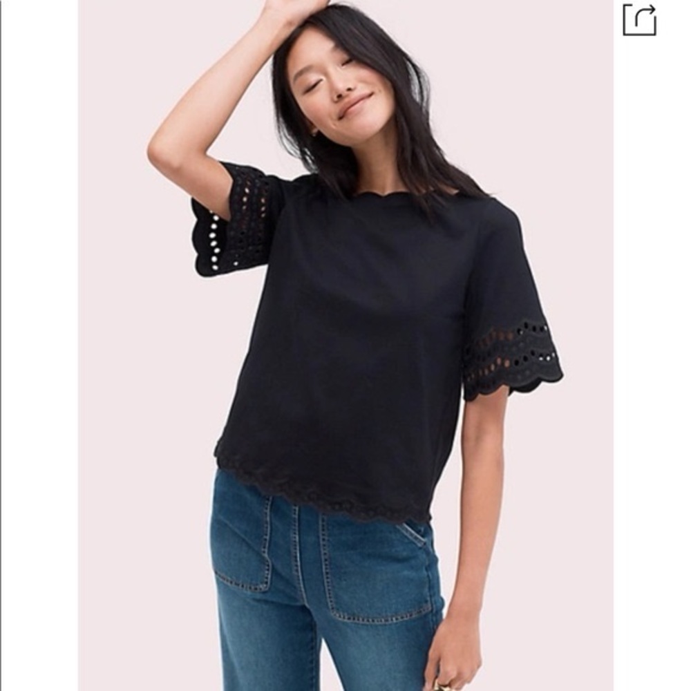 Kate Spade Scallop Border Knit Tee Top Eyelet Black Cotton
